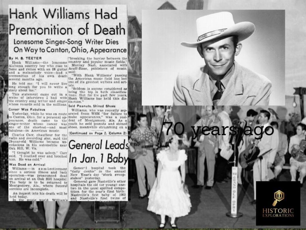 A newspaper article and photos of Hank Williams and the news of his death